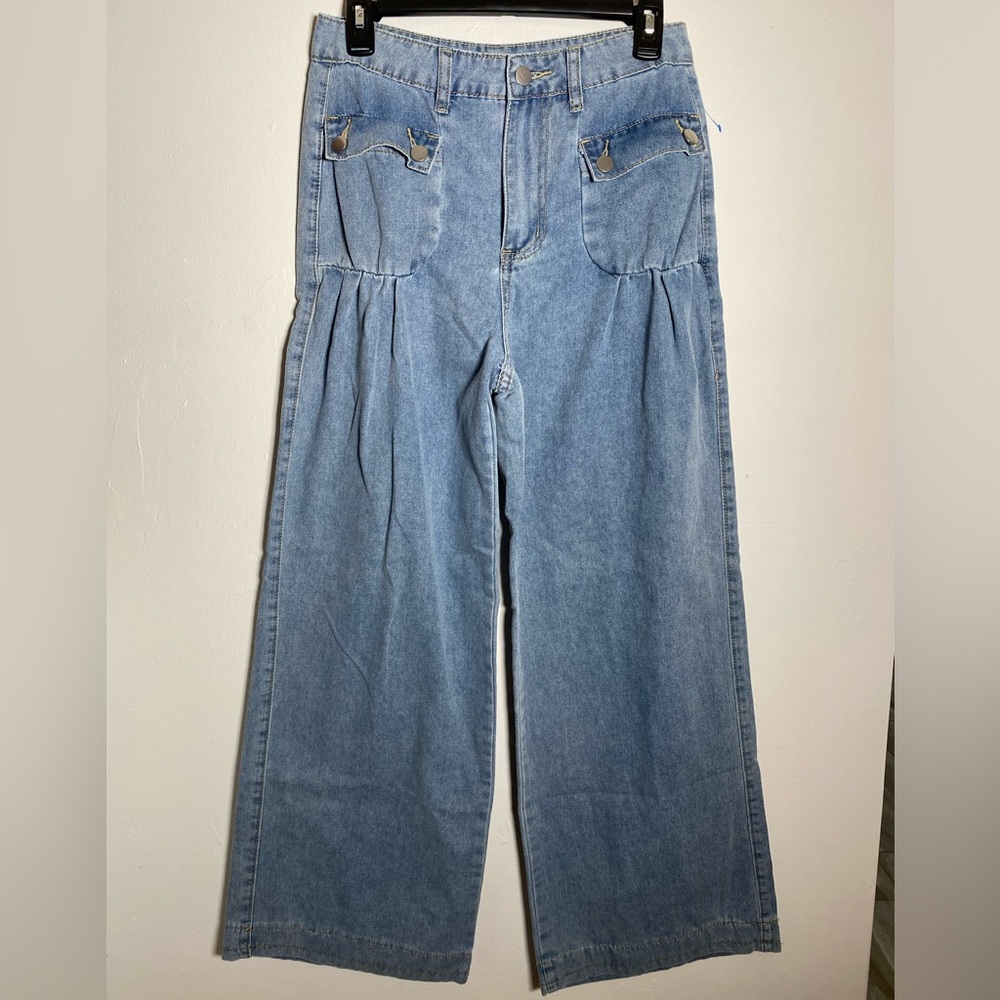 Pleated Wide-Leg Ankle Jeans Double Button Front Pockets S